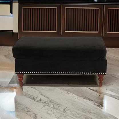 Fabric Ottoman with Nailhead Trim and Turned Feet, Black - View 7