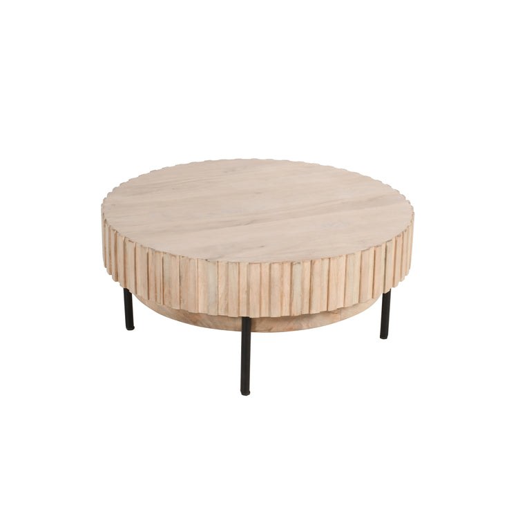 36 Inch Modern Handcrafted Round Coffee Table, Oak White Wood Top with Grooved Edges, Black Iron Legs