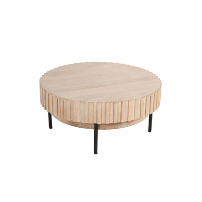 36 Inch Modern Handcrafted Round Coffee Table, Oak White Wood Top with Grooved Edges, Black Iron Legs