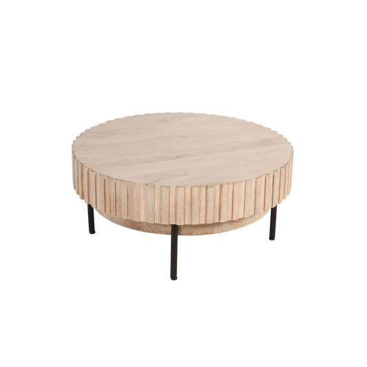36 Inch Modern Handcrafted Round Coffee Table, Oak White Wood Top with Grooved Edges, Black Iron Legs