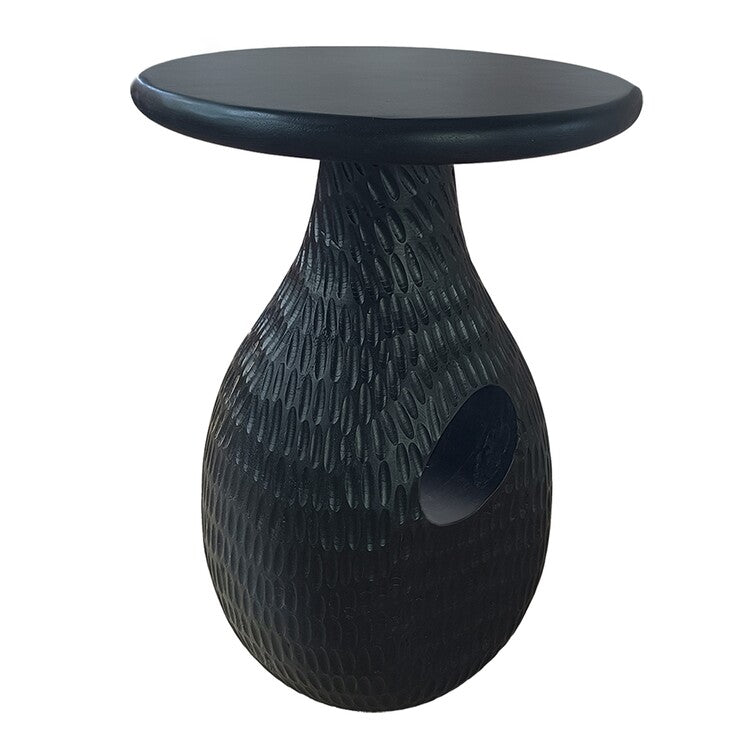 14 Inch Side End Table, Artisan Handcrafted Mango Wood, Embossed Teardrop Shaped Base, Black