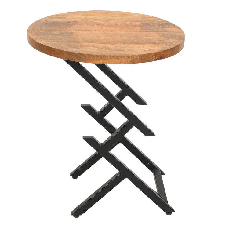 23 Inch Side End Table, Natural Brown Round Wood Top, Modern Black Angled Iron Legs