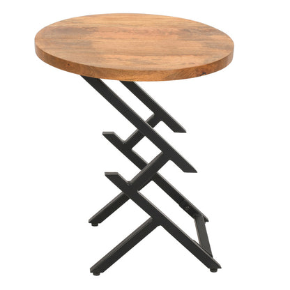 23 Inch Side End Table, Natural Brown Round Wood Top, Modern Black Angled Iron Legs