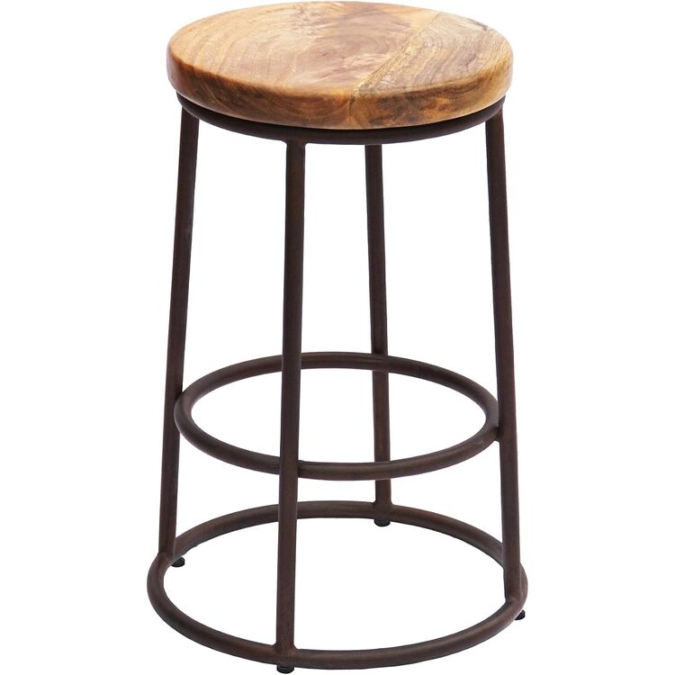 24 Inch Mango Wood Counter Height Barstool With Iron Base, Brown And Black