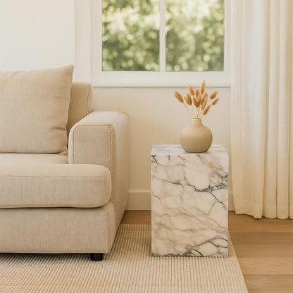 Rey Side End Table, 15 Inch Square Natural Viola Marble Pedestal