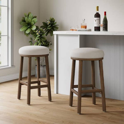 Nea Counter Stool Chair Set of 2, Gray Polyester, Dark Brown Wood Frame