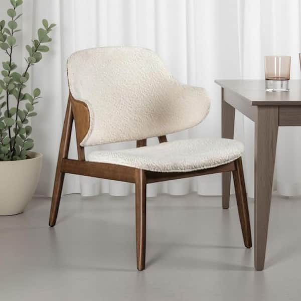 Biny Accent Chair, Winged Back Beige Boucle Fabric, Walnut Brown Wood