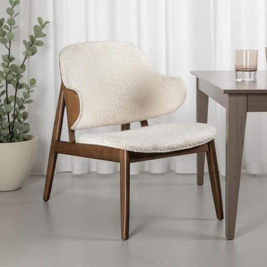 Biny Accent Chair, Winged Back Beige Boucle Fabric, Walnut Brown Wood