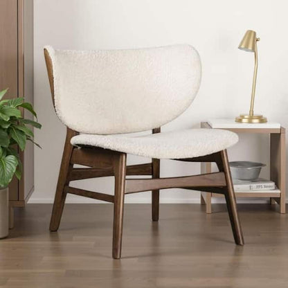 Sepy Accent Chair, Winged Back Beige Boucle Fabric, Walnut Brown Wood