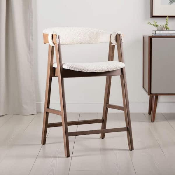 Ebik Counter Stool Chair Set of 2, Walnut Brown Wood, Beige Boucle