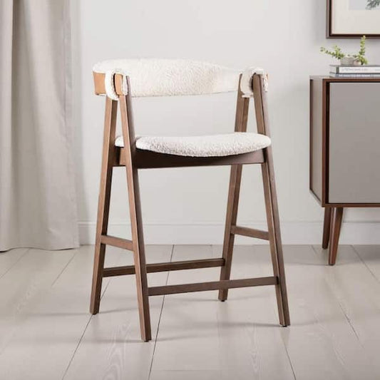 Ebik Counter Stool Chair Set of 2, Walnut Brown Wood, Beige Boucle