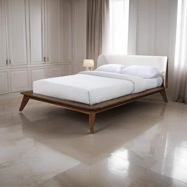 Linzy King Size Bed w Beige Boucle Winged Headboard, Walnut Brown