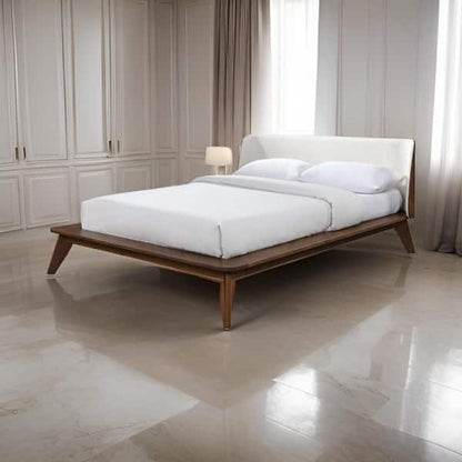 Linzy King Size Bed w Beige Boucle Winged Headboard, Walnut Brown