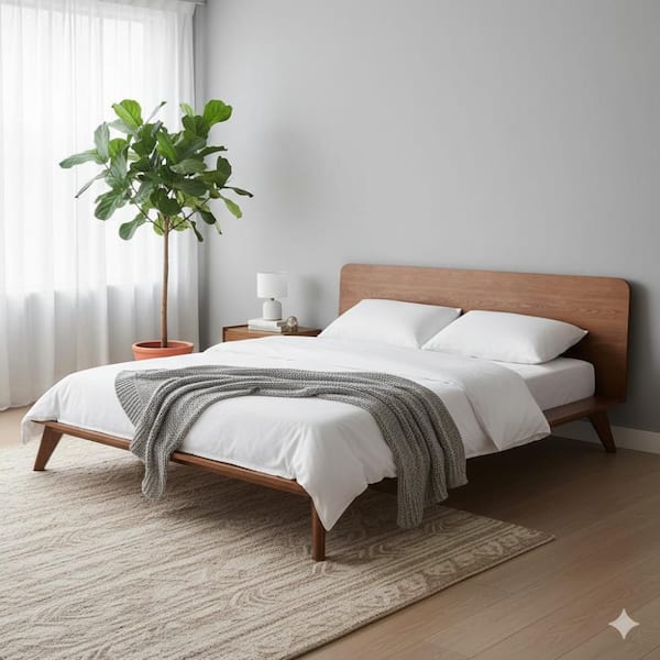 Stacy King Size Bed w Panel Headboard, Angled Legs, Walnut Brown Wood