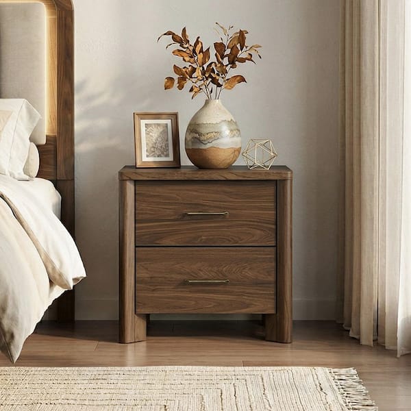 Nightstand with 2 Drawers and Metal Bar Pulls, Walnut Brown