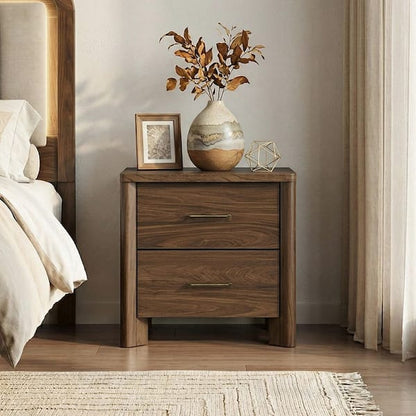 Nightstand with 2 Drawers and Metal Bar Pulls, Walnut Brown
