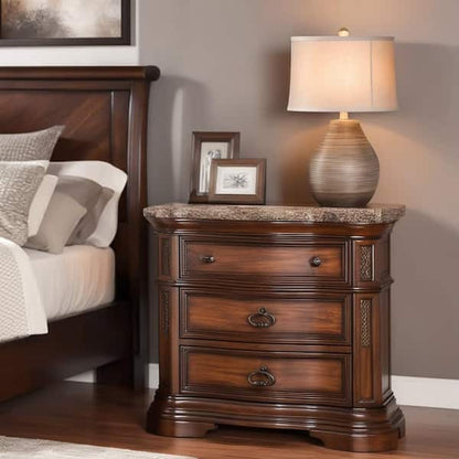 Wooden Night Stand With 3 Drawers In Cherry Brown