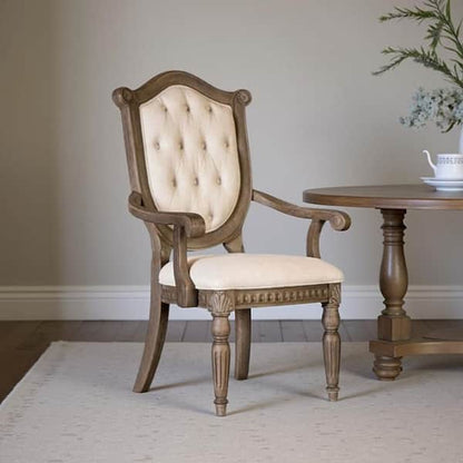 Hama Dining Armchair Set of 2, Weathered Oak Wood, Tufted Beige Fabric