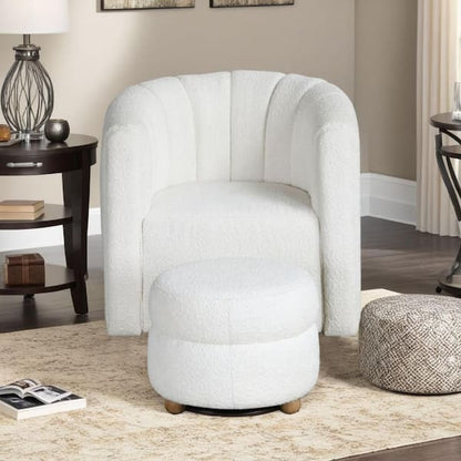 Noa Swivel Chair and Ottoman, Channel Tufted Curved Back, White Boucle
