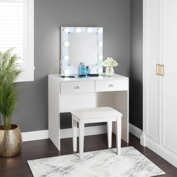 Hudi Makeup Vanity and Stool Set, 10 Lights, USB Power Outlet, Gray