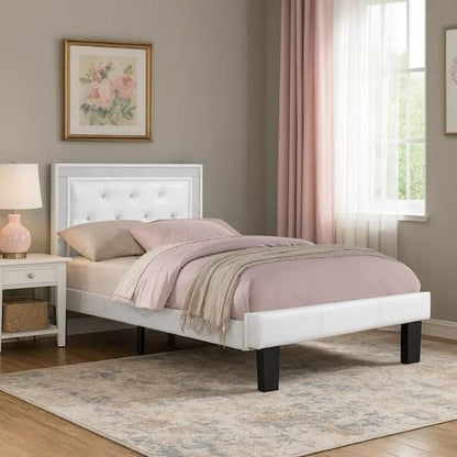 Mannie Twin Bed with Silver Trim, White Button Tufted Faux-Leather