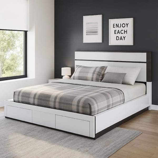 Kena Queen Size Bed, White Gray Panel Headboard, Footboard Storage Drawers
