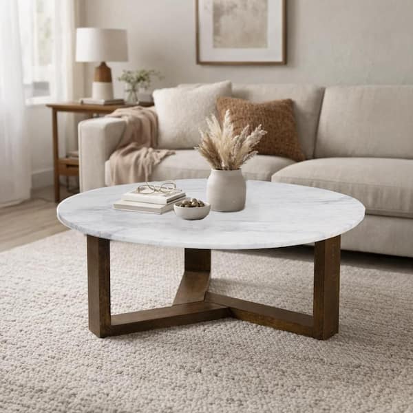 Fina Coffee Table, 38 Inch Round White Genuine Marble Top, Natural Brown Mango Wood 3 Leg Sled Base
