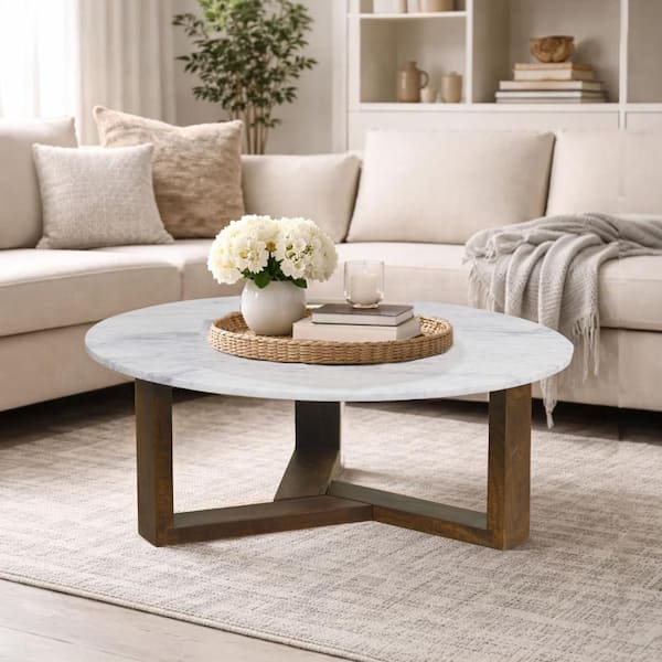 Fina Coffee Table, 38 Inch Round White Genuine Marble Top, Natural Brown Mango Wood 3 Leg Sled Base
