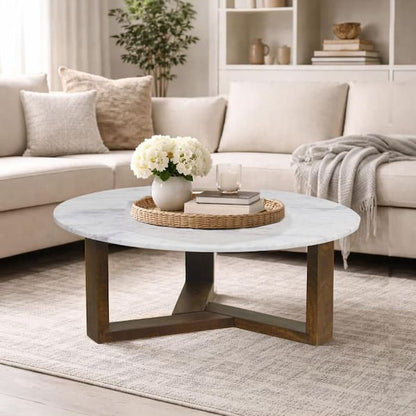 Fina Coffee Table, 38 Inch Round White Genuine Marble Top, Natural Brown Mango Wood 3 Leg Sled Base