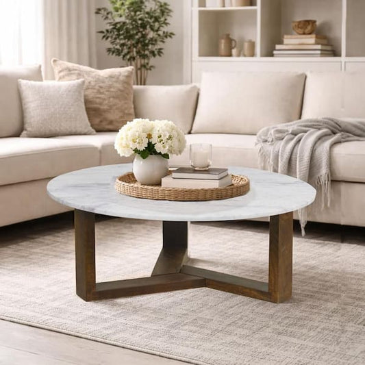 Fina Coffee Table, 38 Inch Round White Genuine Marble Top, Natural Brown Mango Wood 3 Leg Sled Base