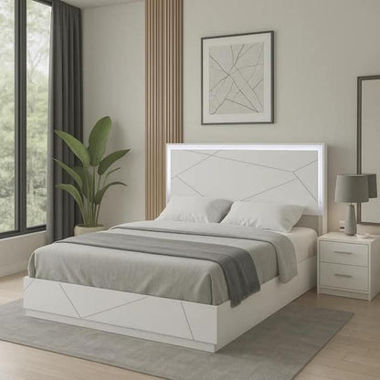 Esy Queen Size Storage Bed with LED Headboard, USB Ports, White and Silver