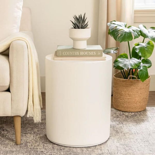 Viko Round Side End Table, White Wood Faux Concrete Finish, 20 Inch