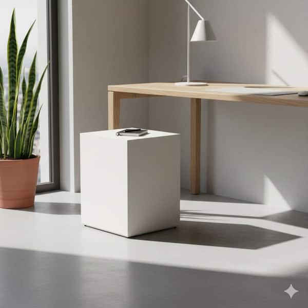Viko Square Side End Table, White Wood Faux Concrete Finish, 20 Inch