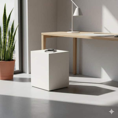 Viko Square Side End Table, White Wood Faux Concrete Finish, 20 Inch