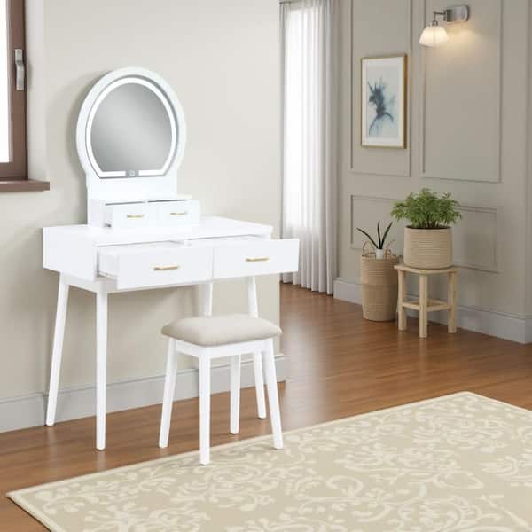 Anvy Vanity Desk Set with Mirror and Stool, 4 Drawers, White Wood