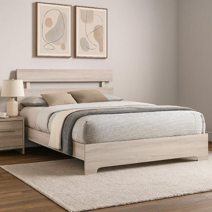 Cuzzy Queen Platform Bed with Panel Headboard, Low Profile White Wood