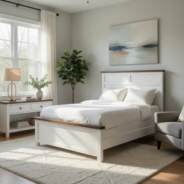 Tela Twin Size Bed w Recessed Panel Headboard, Dark Brown Trim, White