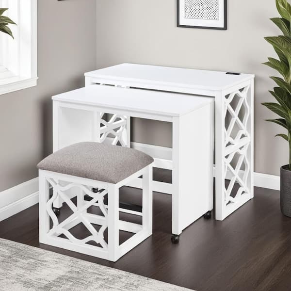 Syna 3 Piece Nesting Desk and Stool Set, Black Wood, Gray Polyester
