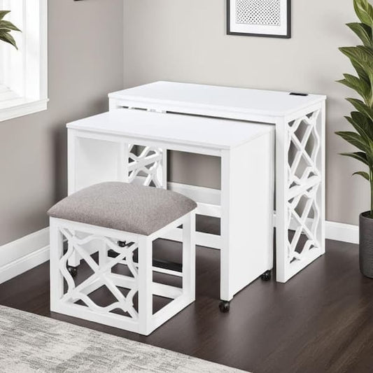 Syna 3 Piece Nesting Desk and Stool Set, Black Wood, Gray Polyester