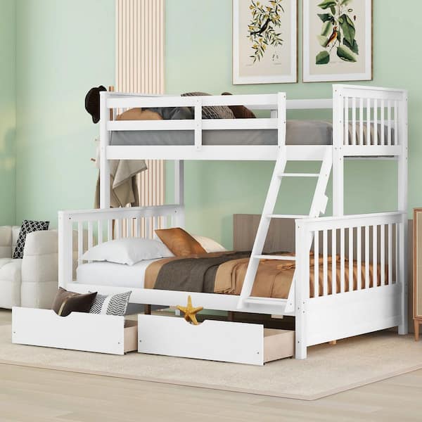 Twin Over Full Wooden Bunk Bed with Storage, White