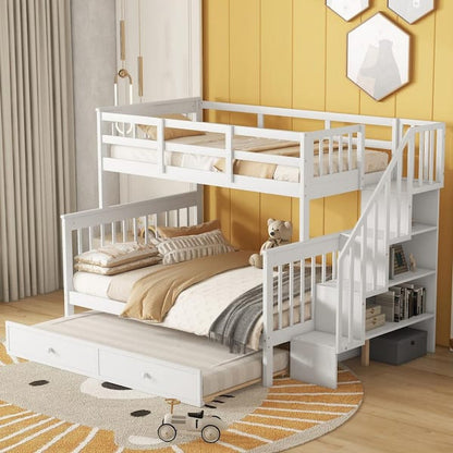Twin Over Full Wooden Bunk Bed with Storage, White