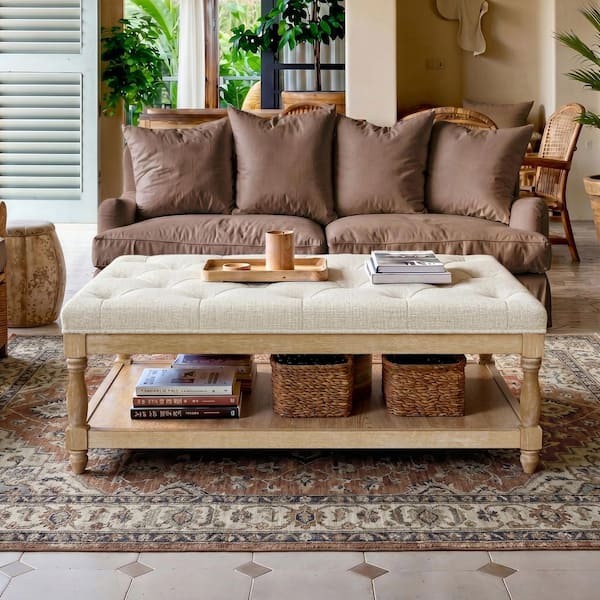 Mon 48 Inch Rectangular Coffee Table, Bottom Shelf, Brown Top, White Frame