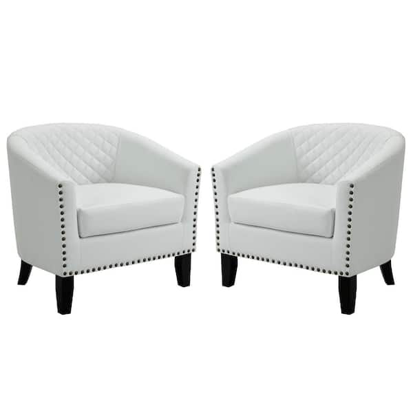 Faux Leather Upholstered Wooden Arm Chairs, Set of Two, White and Gray
