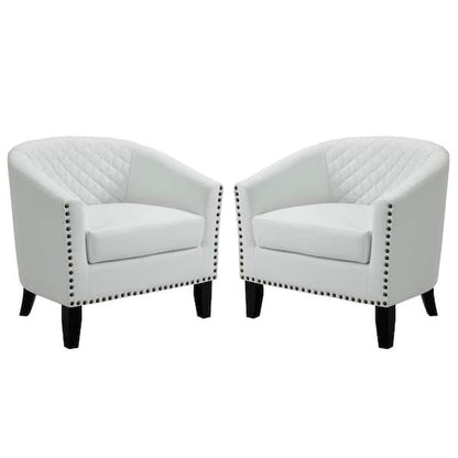 Faux Leather Upholstered Wooden Arm Chairs, Set of Two, White and Gray